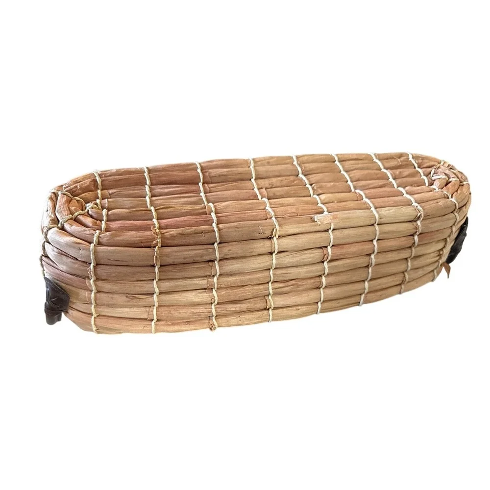 VNTG Woven Bread‎ Basket W/Leather Handles w/ Special Gold Accent Insert 16